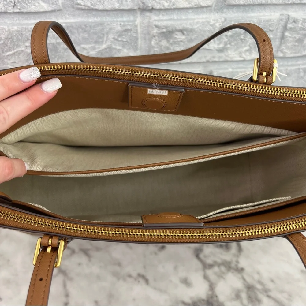 Tory Burch Emerson Large Double Zip Tote & Emerson Slim Wallet In Moose Brown - Picture 8 of 16